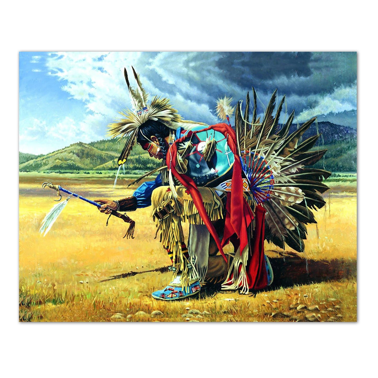 Native American Indian Rain Dancer On Prairie Wall Art Print 16 x 20"