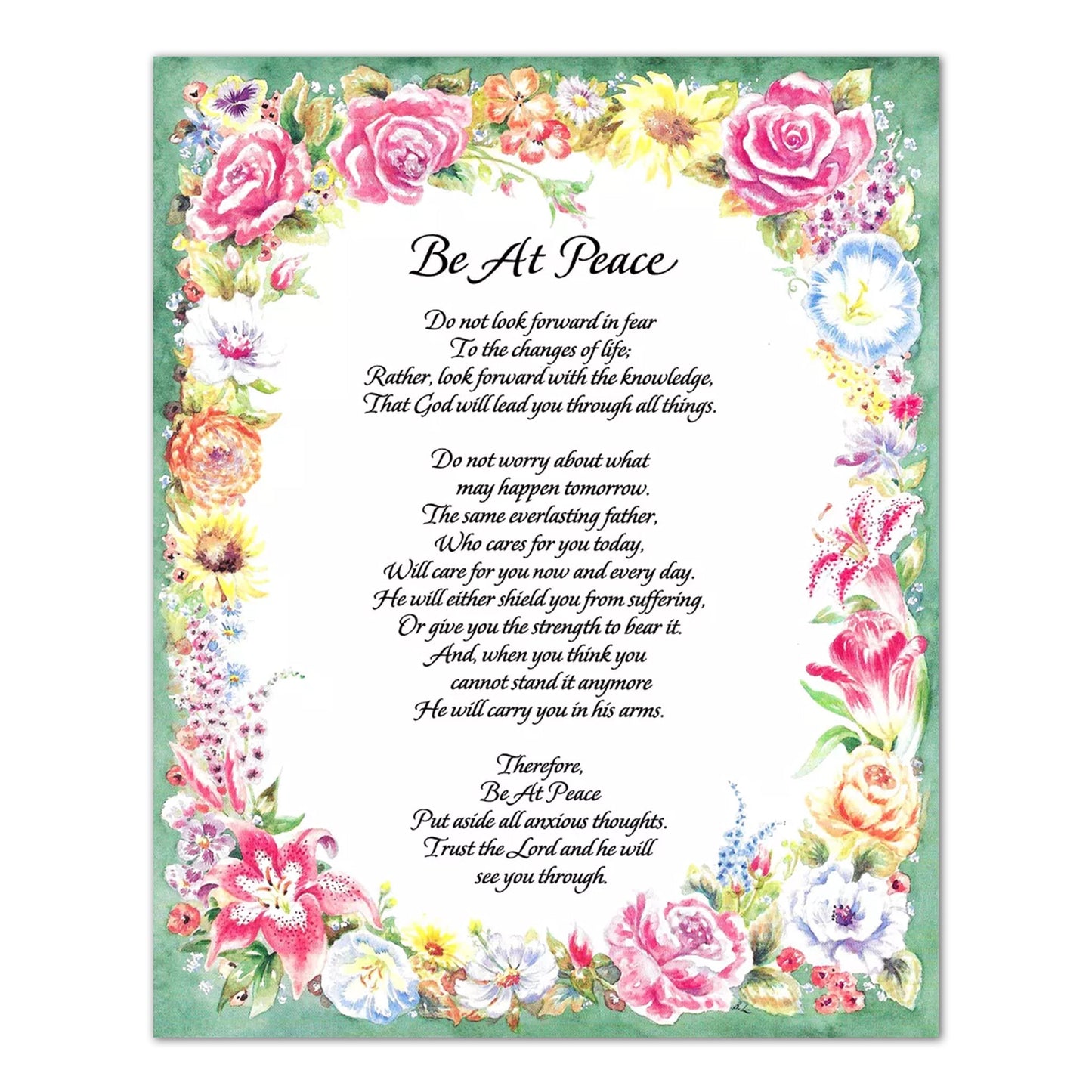 Be At Peace Christian Religious Poem with Flowers Wall Picture 8x10 Art Print
