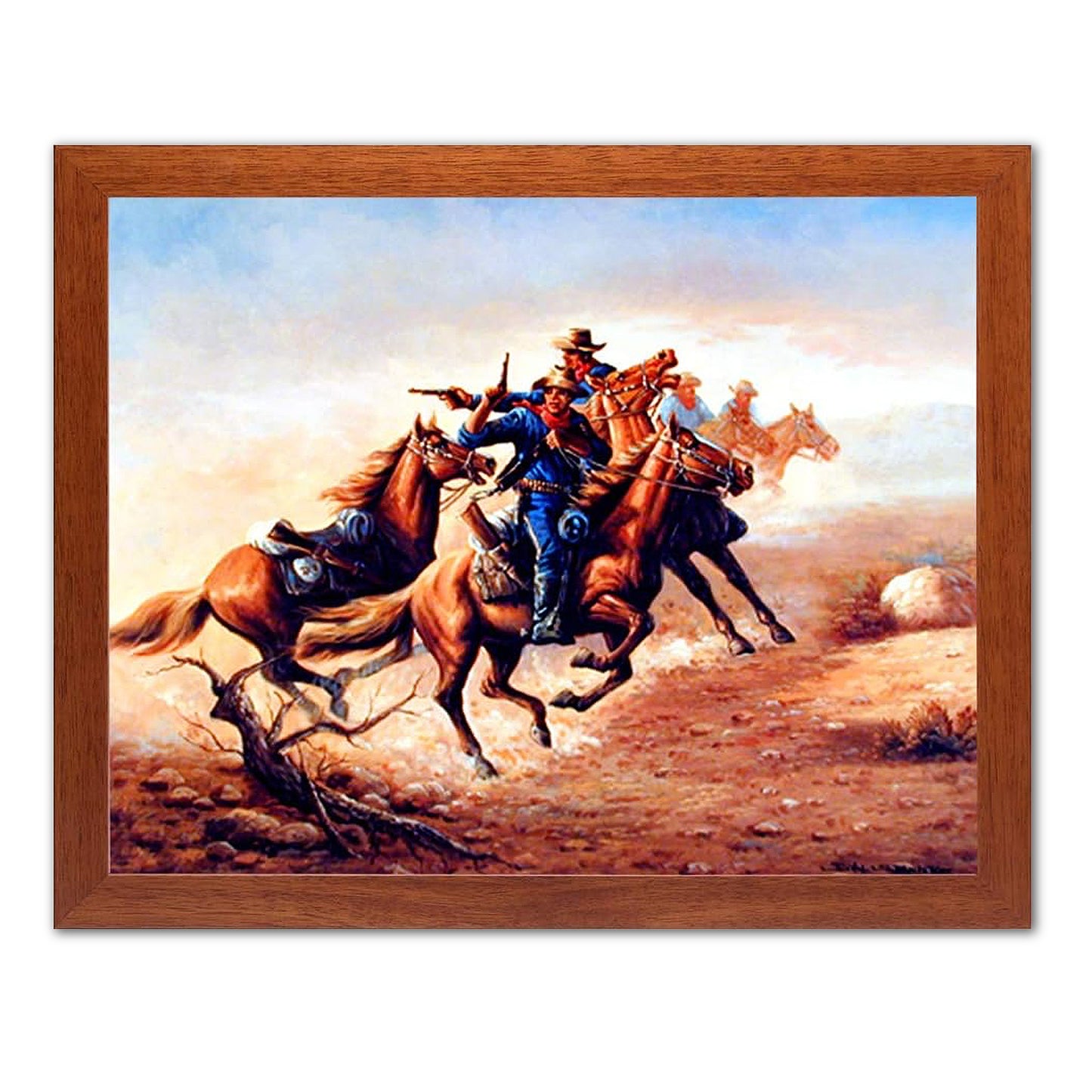 Cavalry Shoot Out Buffalo Soldiers by John Stanford Horses Western Picture Honey Framed Art Print 16x20
