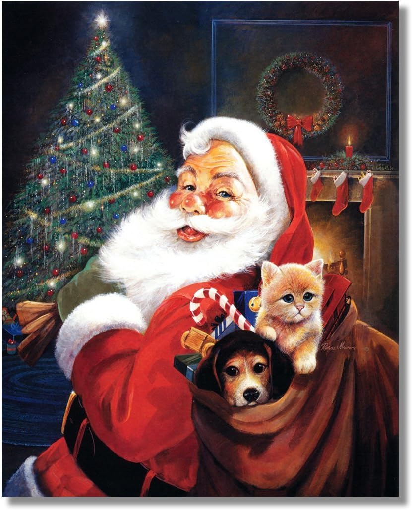 Unframed 8x10 - Santa Claus with Toy Bag Dog and Cat Wall Picture