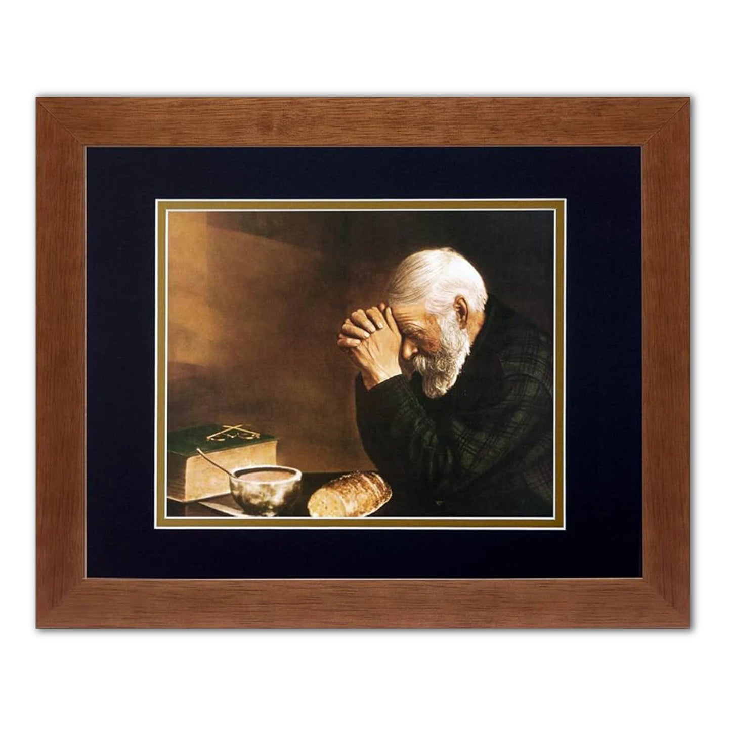 Daily Bread Man Praying at Table Grace by Engstrom Religious Art Honey Frame Black & Gold Mat + Glass 13x16"