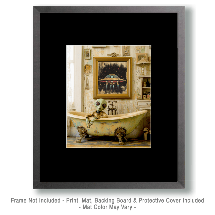 Alien in a Bathtub - Aliens, Spaceships Outer-Space Wall Art Prints – 8″x10″ Artwork for 11″x14″ Frame