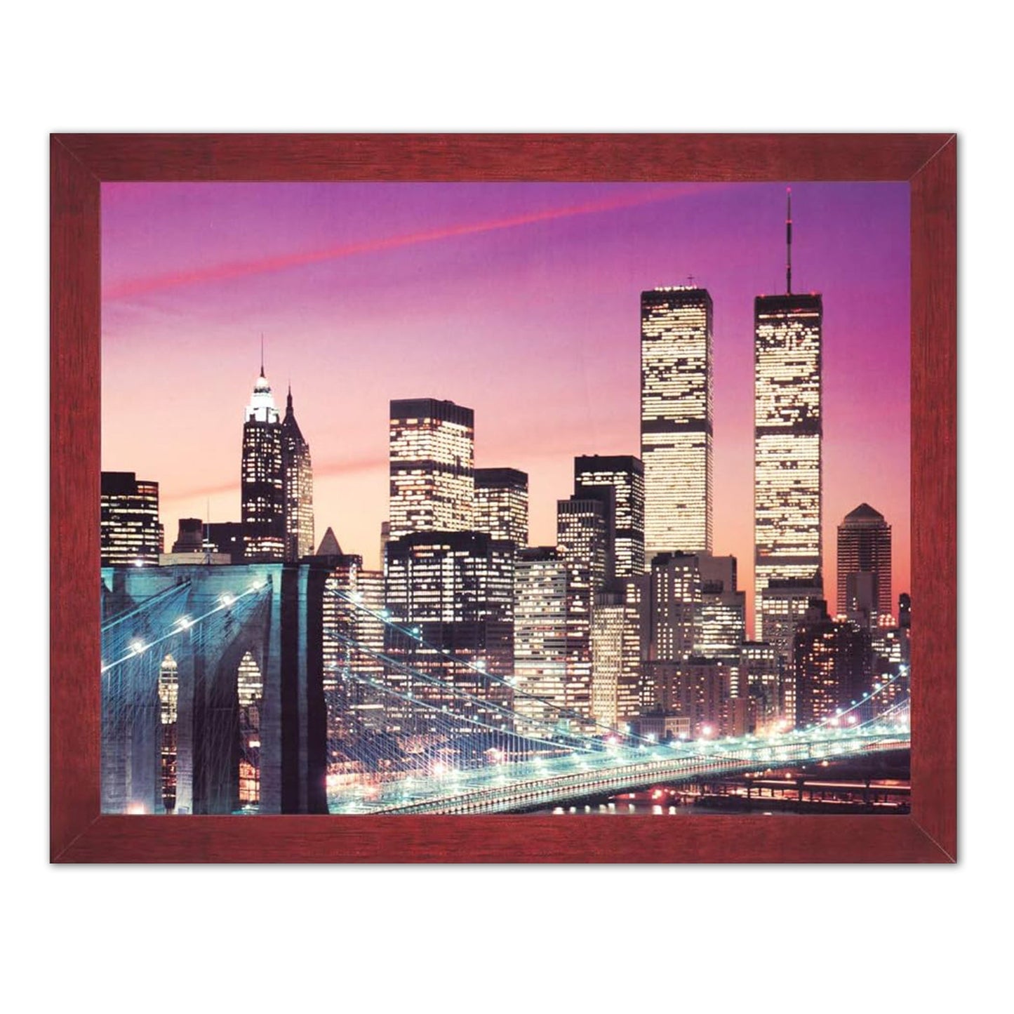 Twin Towers at Dusk with Brooklyn Bridge & New York City Manhattan Night Art Print 16x20 Cherry Frame with Real Glass