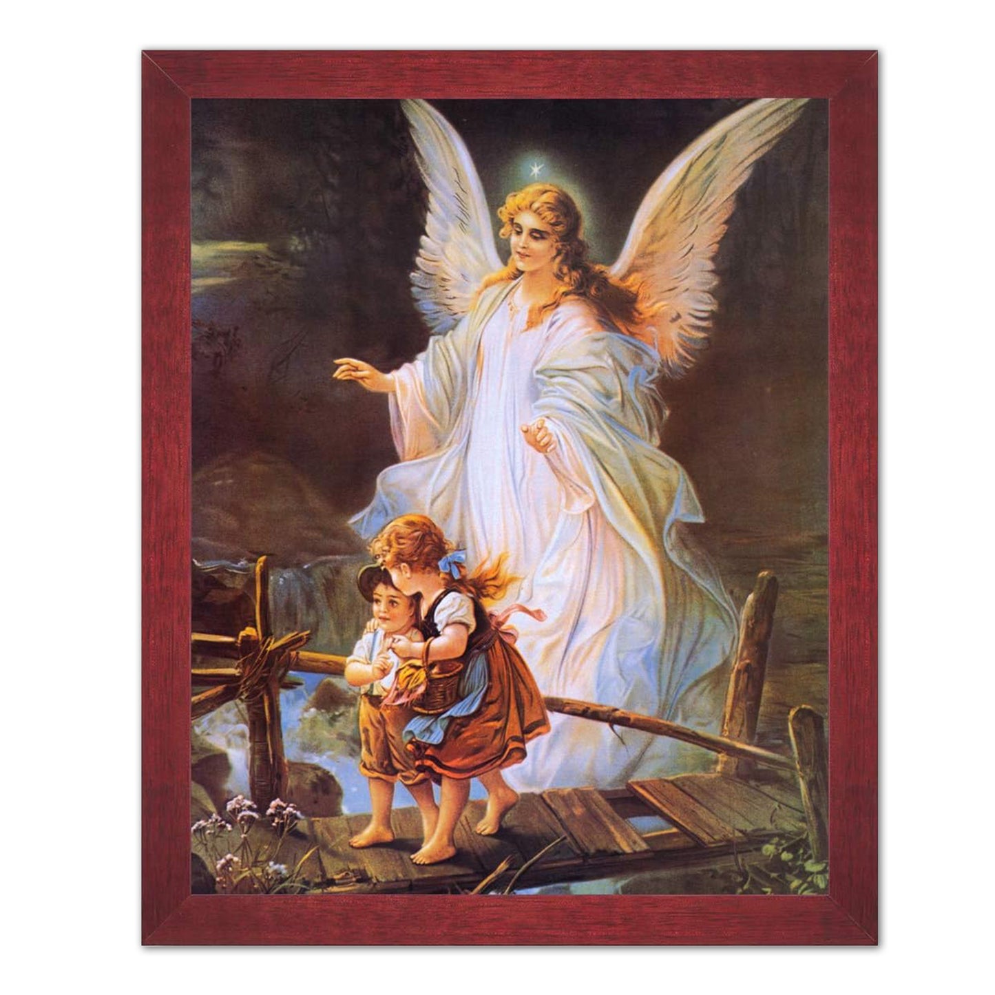 Guardian Angel Protecting Children On Bridge Religious Art Print 16x20" (with Frame Option)