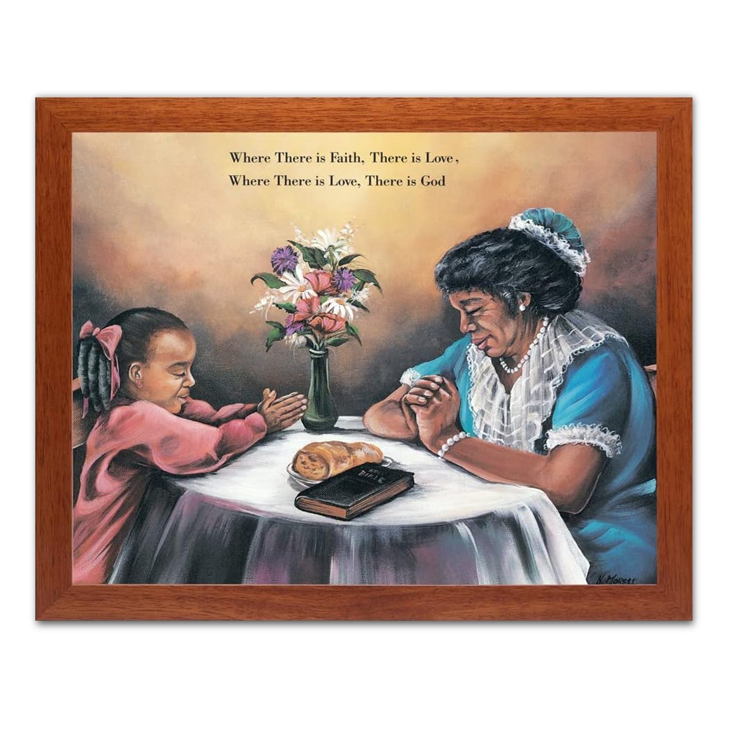 African American Black Grandma Abuela Mom Daughter Praying Dinner Table Religious Art Print 16x20" Honey Frame + Glass