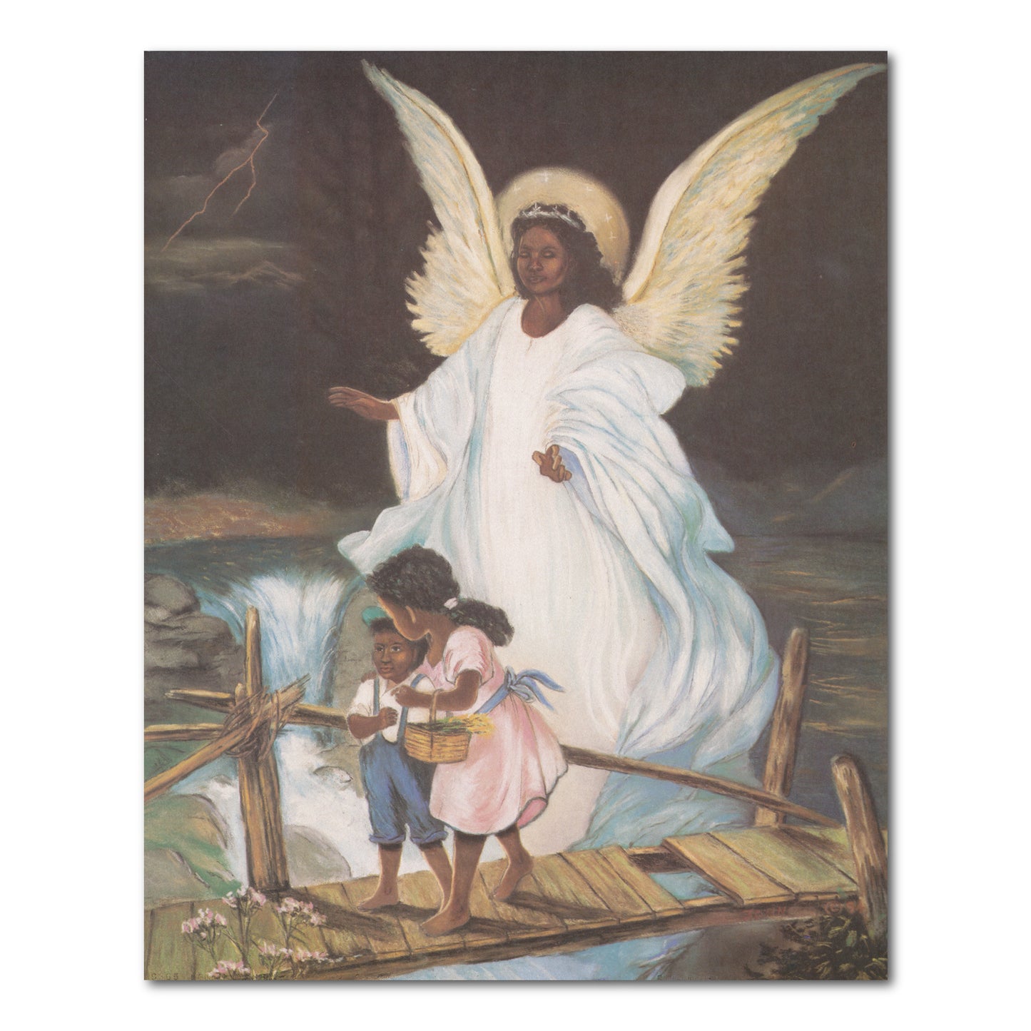 Guardian Angel With Children On Bridge African American Black Religious Wall Picture Art Print 16x20"