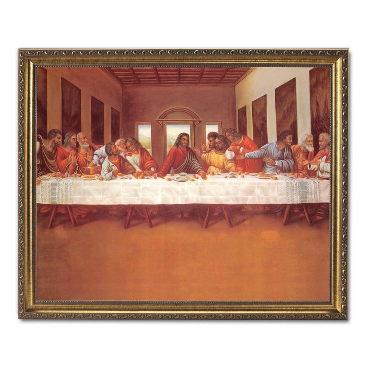 Black African American Last Supper Jesus & Disciples in Upper Room Religious Art Print 16 x 20" Gold Frame + Glass Ready to Hang 19x23" Overall size
