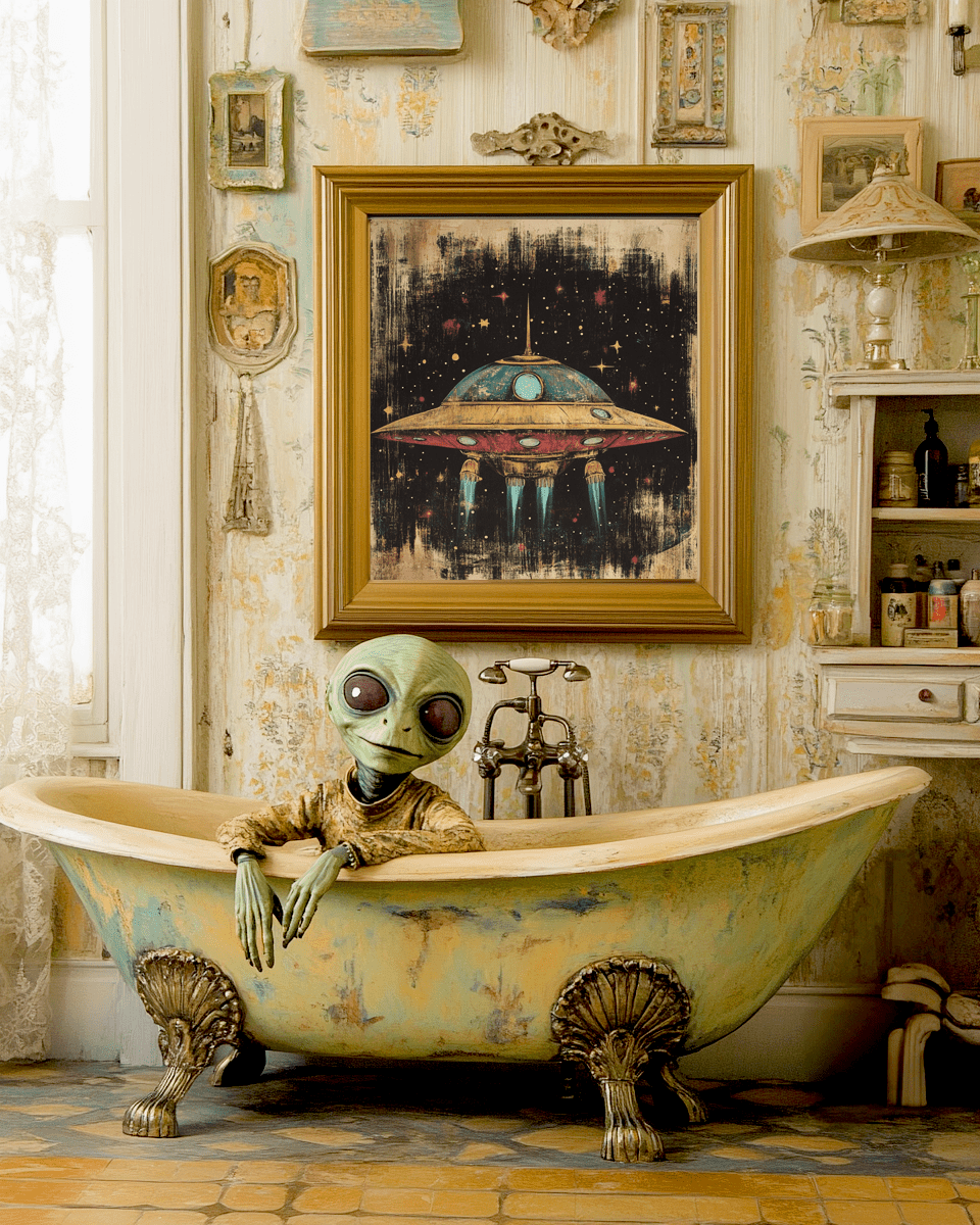 Alien in a Bathtub - Aliens, Spaceships Outer-Space Wall Art Prints – 8″x10″ Artwork for 11″x14″ Frame