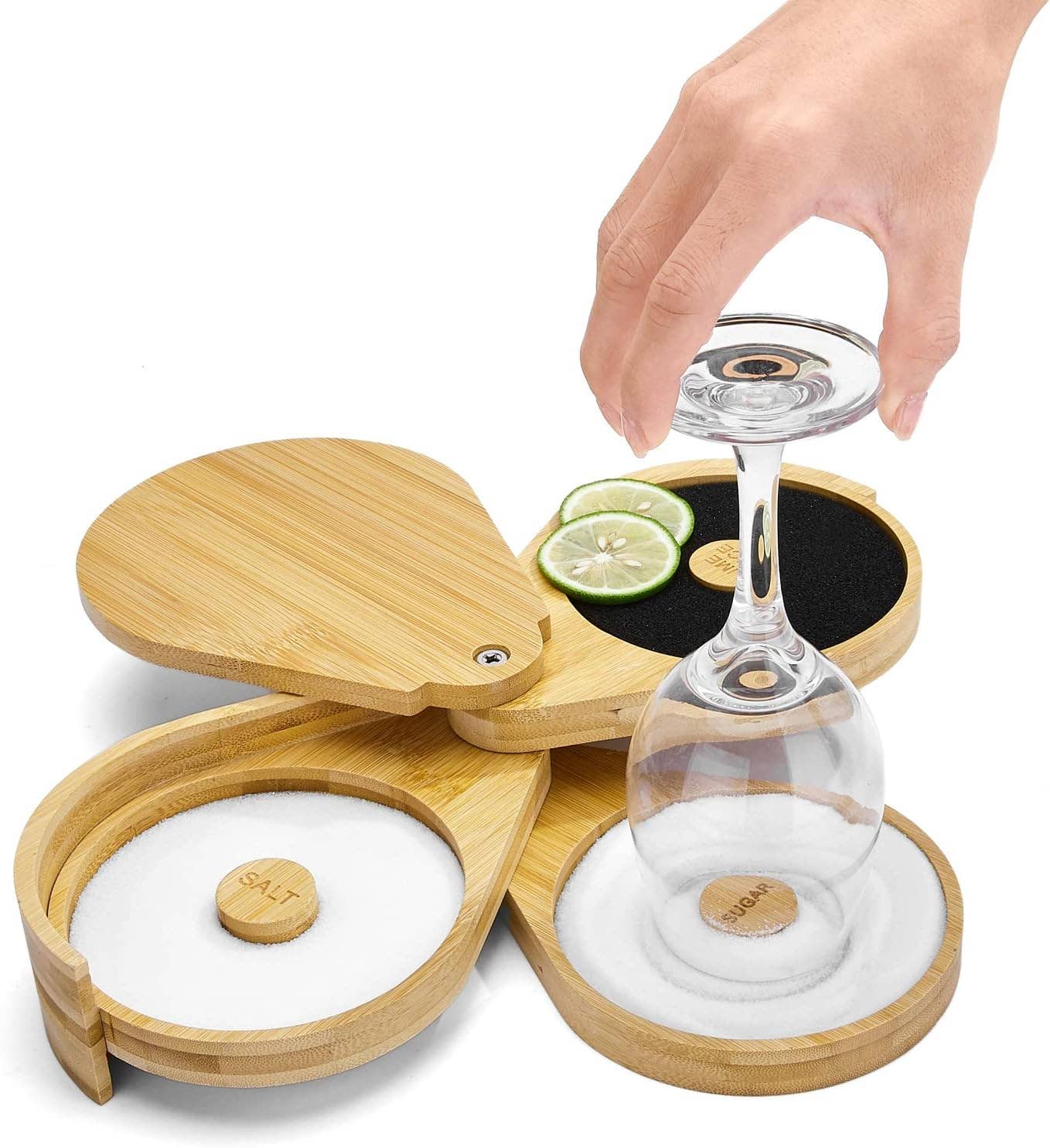 Tier Bar Glass Rimmer Bamboo Wood Sugar Salt Box with Sponge