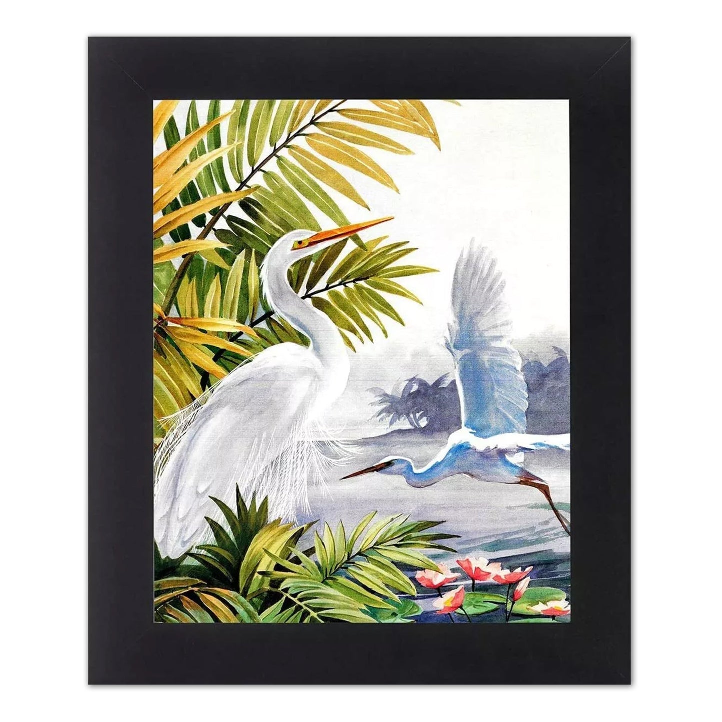 Egret Bird Tropical Lake Beach Wildlife Landscape Black 8x10 Art Print (with Gold Frame Option)