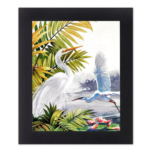 Egret Bird Tropical Lake Beach Wildlife Landscape Black 8x10 Art Print (with Gold Frame Option)