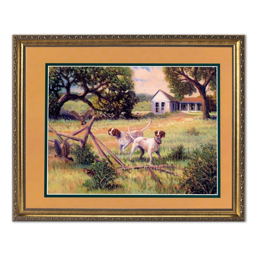 Dogs Hunting Quail Birds Animal Cabin Lodge Wall Picture Gold Framed Art Print