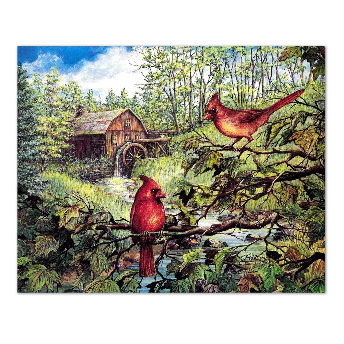 Old Mill Wheel with Cardinals on Tree Wall Picture 8x10 Art Print