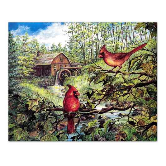 Old Mill Wheel with Cardinals on Tree Wall Picture 8x10 Art Print