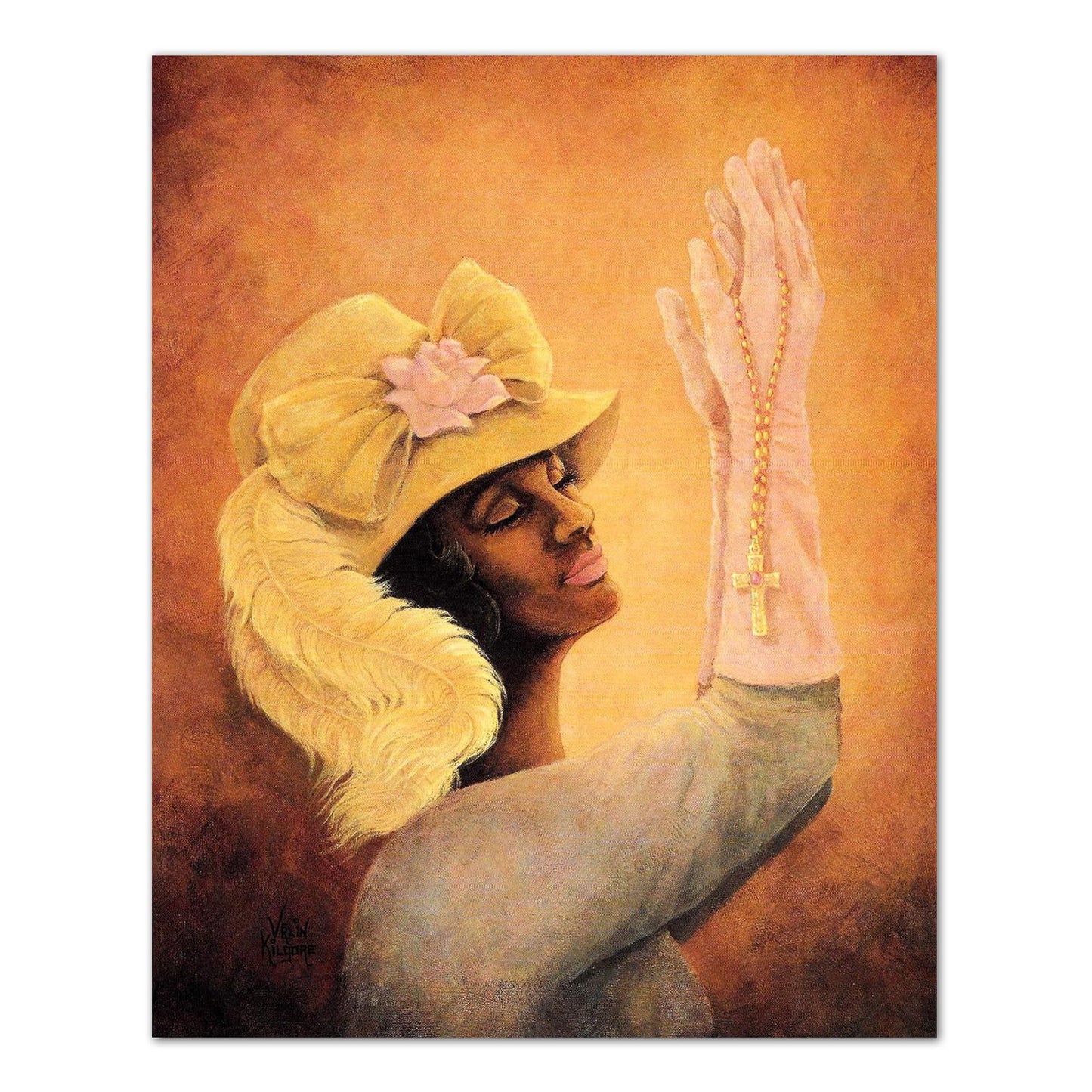 African American Black Woman Feather Hat Church Praying with Cross Wall Picture 8x10 Art Print