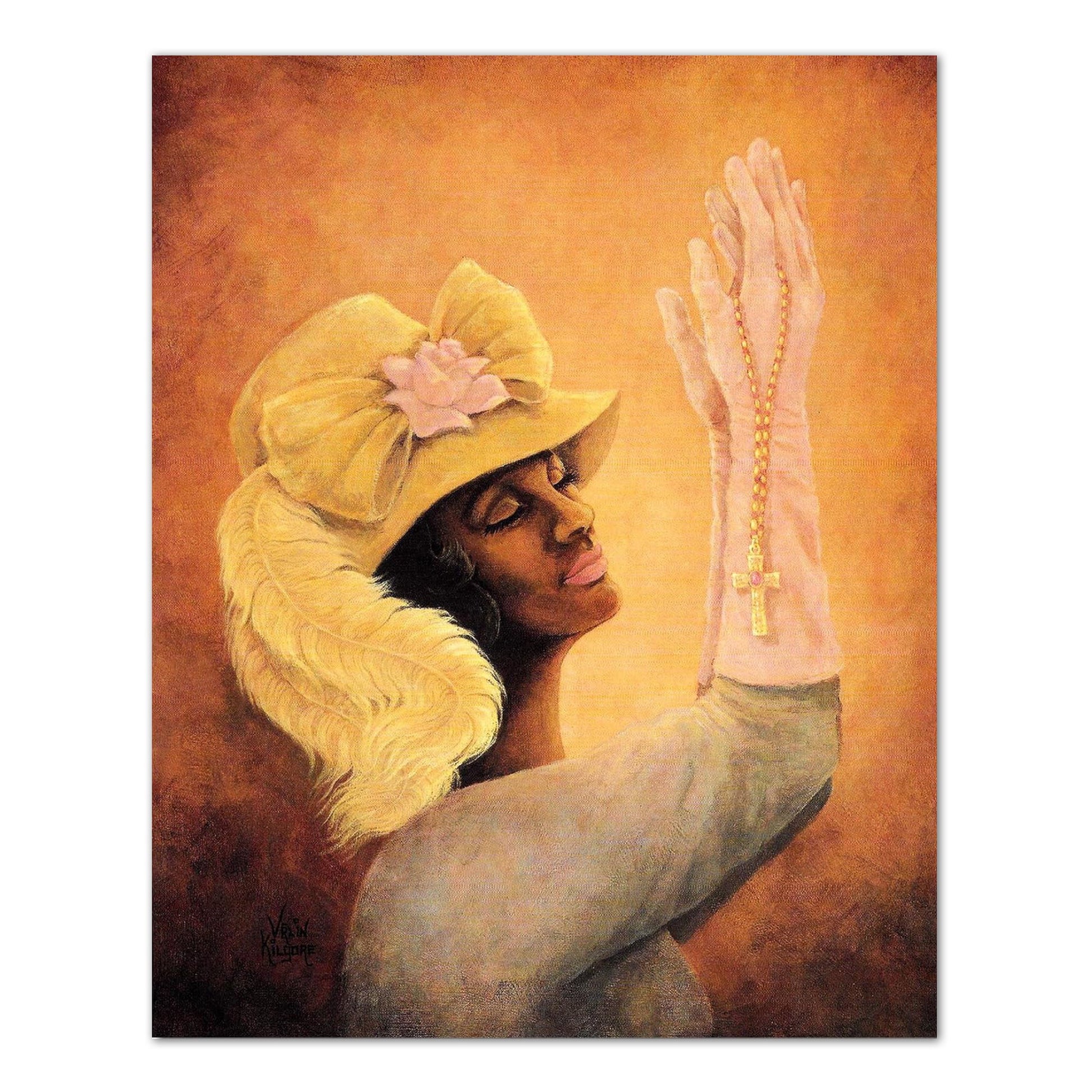 African American Black Woman Feather Hat Church Praying with Cross Wall Picture 8x10 Art Print