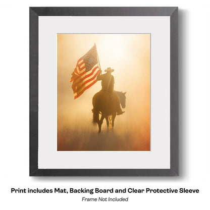 American Life- Cowboy Carrying Flag - Americana Country Life Art Prints - 8"x10" Artwork for 11"x14" Frame