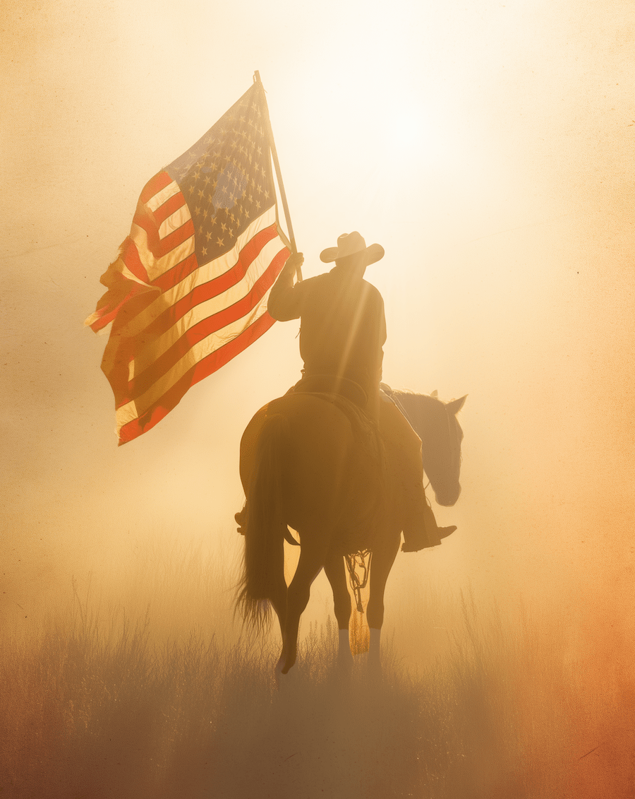 American Life- Cowboy Carrying Flag - Americana Country Life Art Prints - 8"x10" Artwork for 11"x14" Frame
