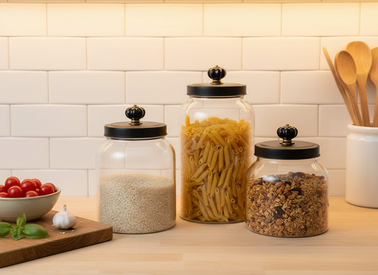Black Lidded Glass Canisters – 3-Piece Kitchen Set