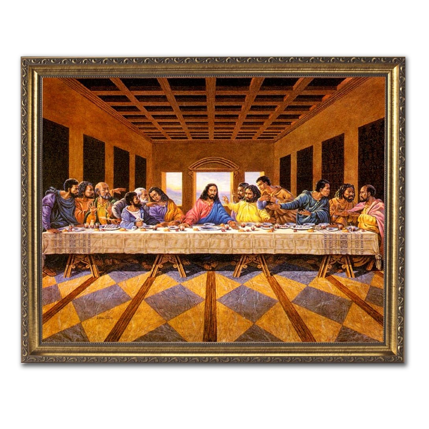 African American Black Last Supper Jesus Christ Religious Wall Art Print Deluxe Gold Framed +Glass 19x23"