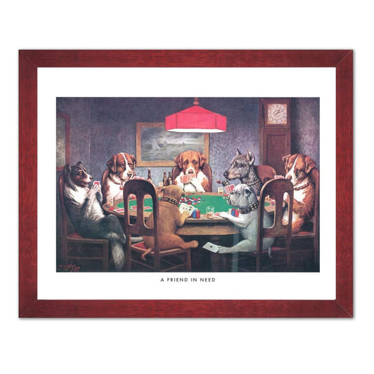 Dogs Playing Poker #1 A Friend in Need Man CAVE Art Print 16x20 Cherry Frame + Glass Fun Gift