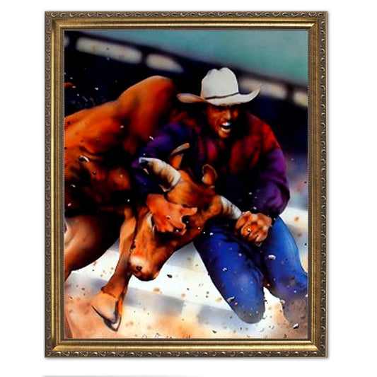 Cowboy Western Rodeo Bull Dogging Wall Picture Gold Framed Art Print