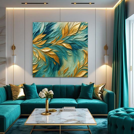 Abstract Wall Art - Gold Blue Canvas | Frosty Wall Decor Ready to Hang