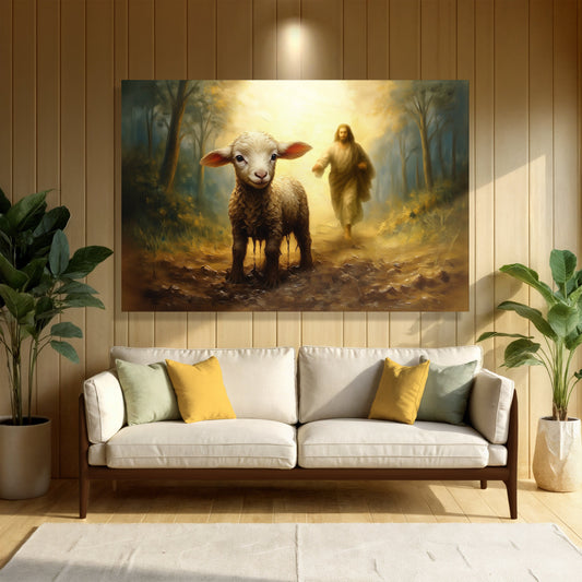 Faith Wall Art - Jesus Running After Lost Lamb | Inspirational Canvas Print