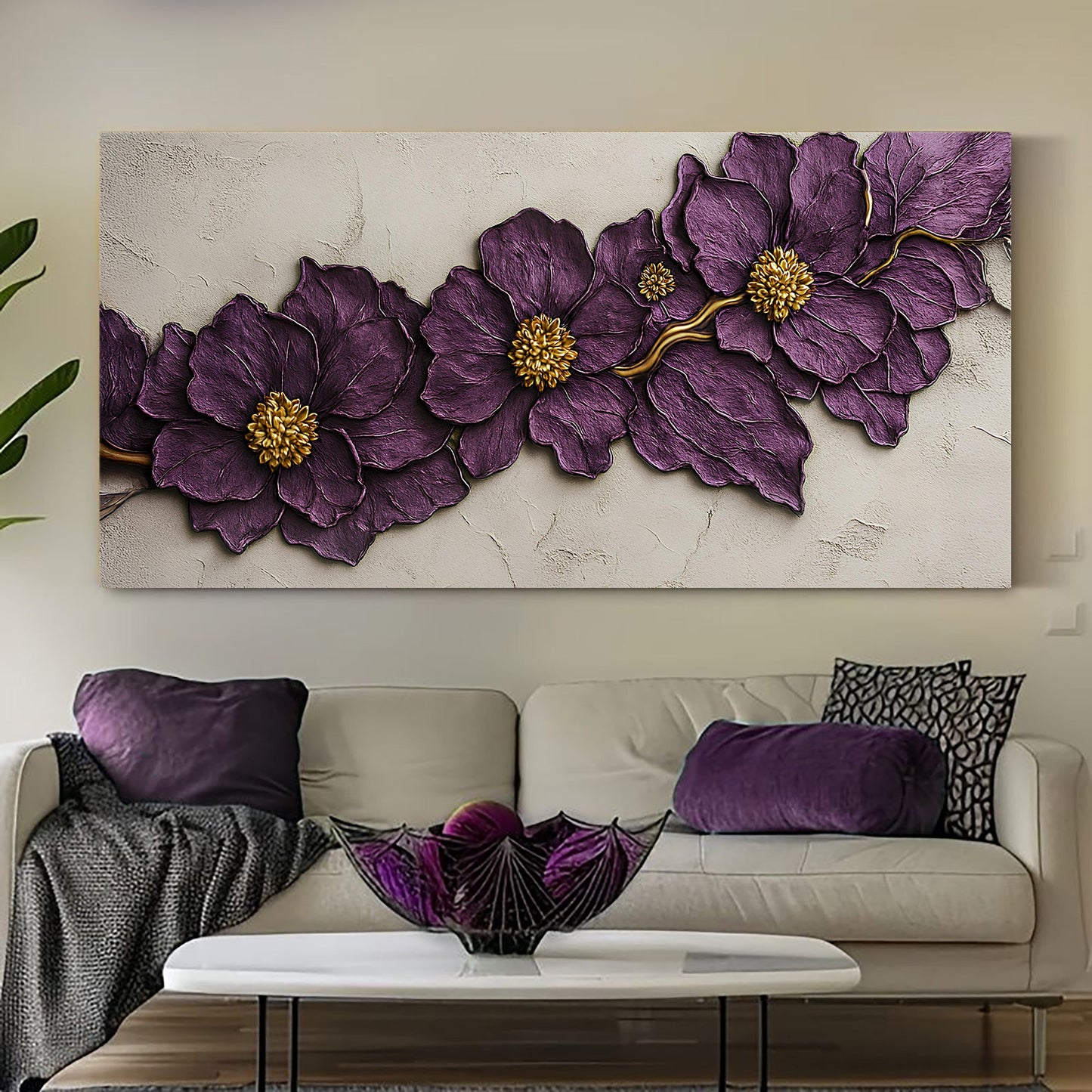 Purple Flower Wall Art - Handmade Canvas Floral Decor Ready to Hang