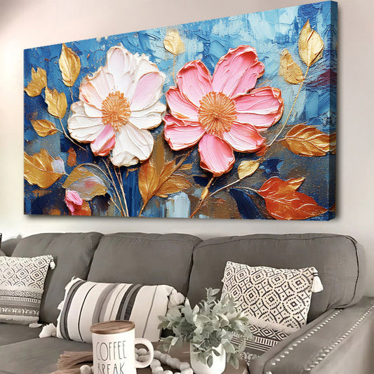 Impasto Wall Art – Golden Flower Painting on Textured Floral Canvas, Ready to Hang