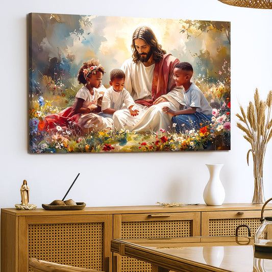 Faith Wall Art - Jesus Canvas Art With Children | Personalized Spiritual Canvas Print