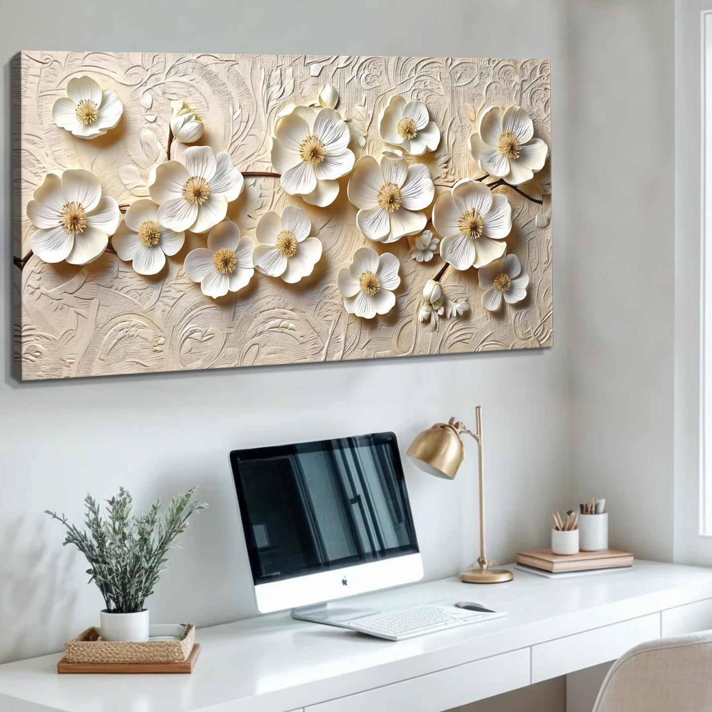White Blossom Wall Art - Personalized Floral Canvas Art With Bright Ink Print