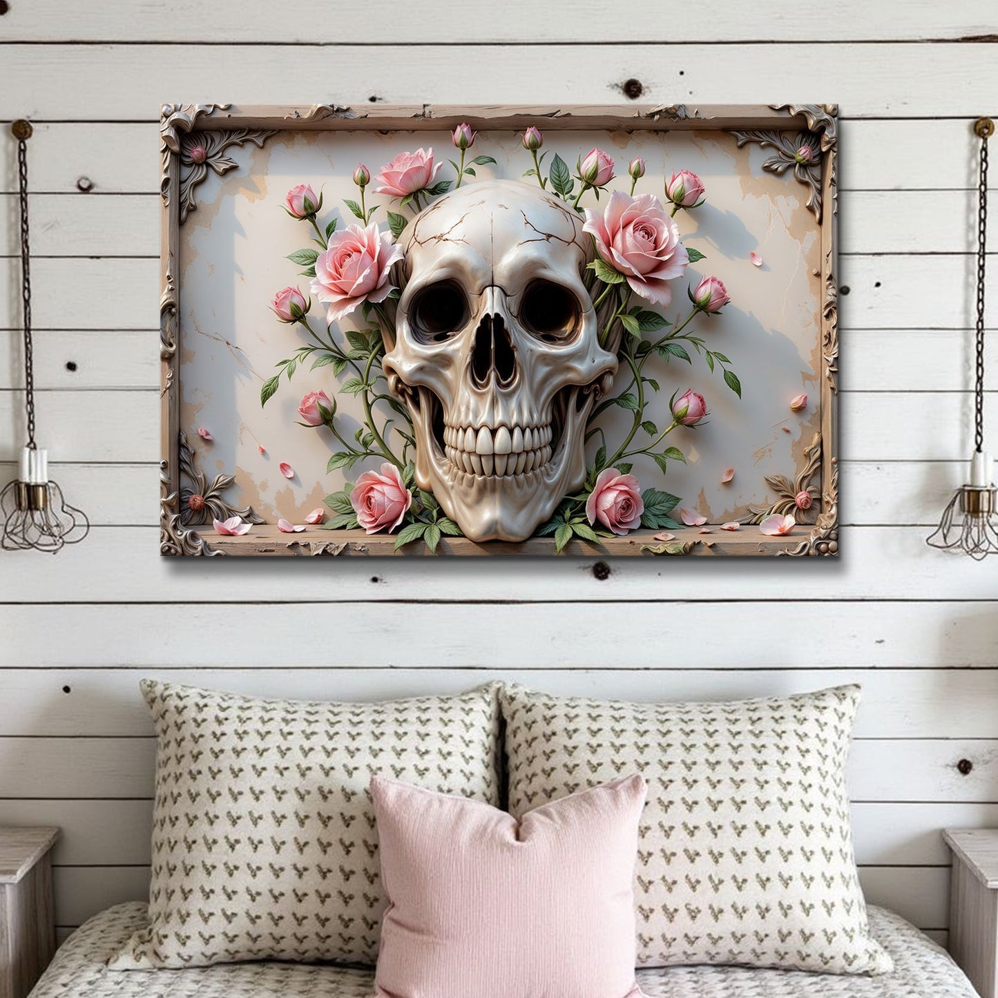 3D Rose Skull Wall Art - Personalized Canvas Print | Ready To Hang Floral Skull Decor