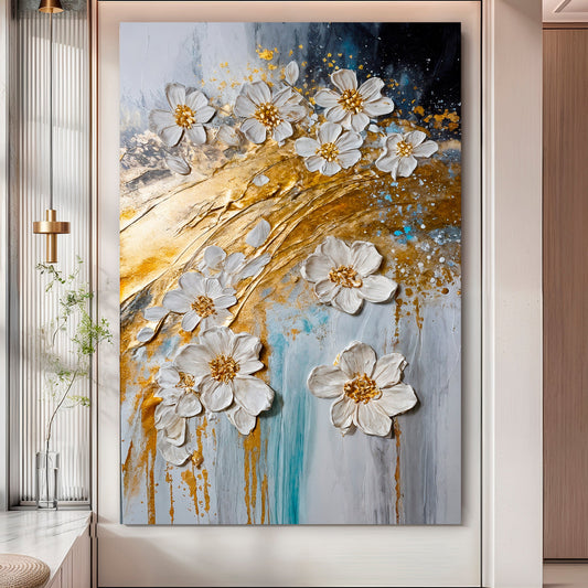 Gold Floral Wall Art – Abstract Canvas Print | Modern Floral Decor Ready to Hang