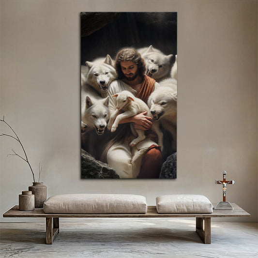 Faith Wall Art - Jesus Protects The Lamb | Inspirational Christian Canvas Decor