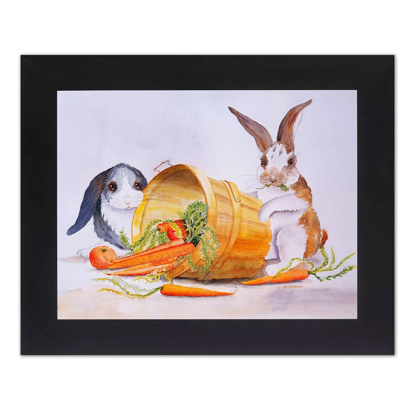 Two Bunny Rabbits Getting Carrots from Basket Wall Picture Black Framed