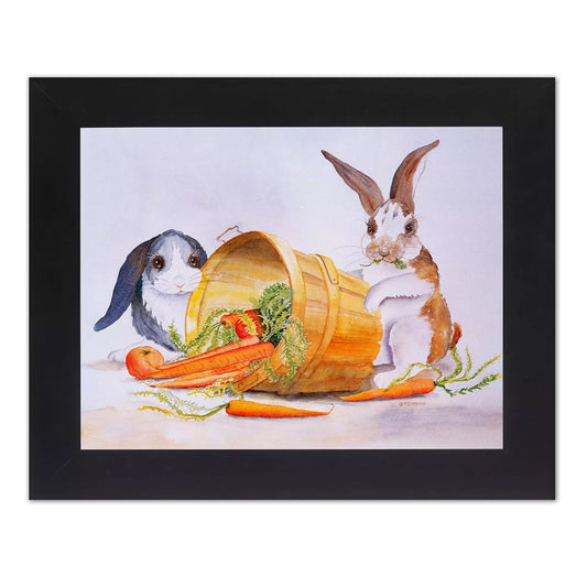 Two Bunny Rabbits Getting Carrots from Basket Wall Picture Black Framed
