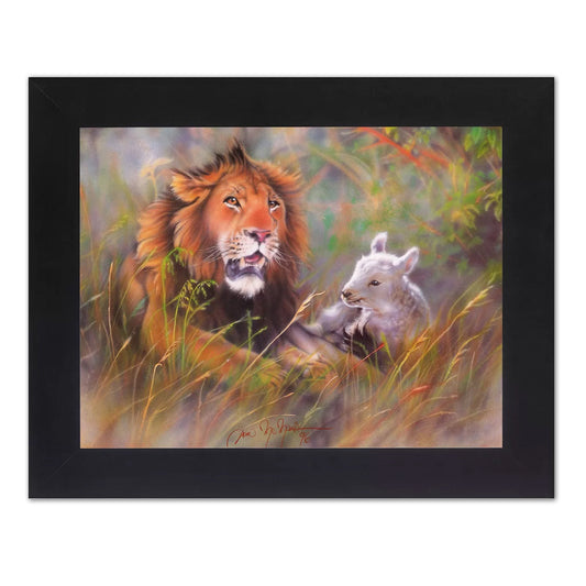Lion with Lamb Laying in Grass Wall Picture Black Framed