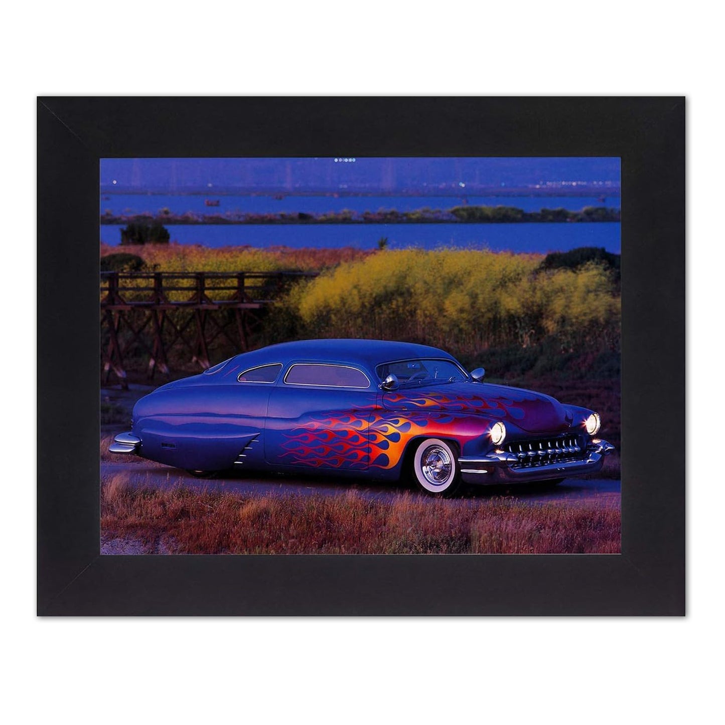 1949 Blue with Flames Mercury Custom Car Wall Picture Framed Art Print
