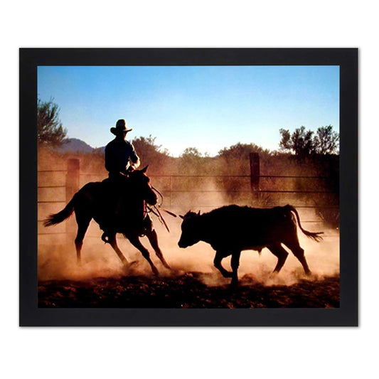 Cowboy On Cutting Horse Chasing Steer Picture Black Framed Art Print
