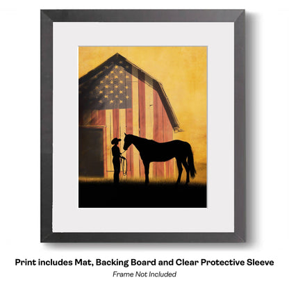 American Life- Cowboy Carrying Flag - Americana Country Life Art Prints - 8"x10" Artwork for 11"x14" Frame