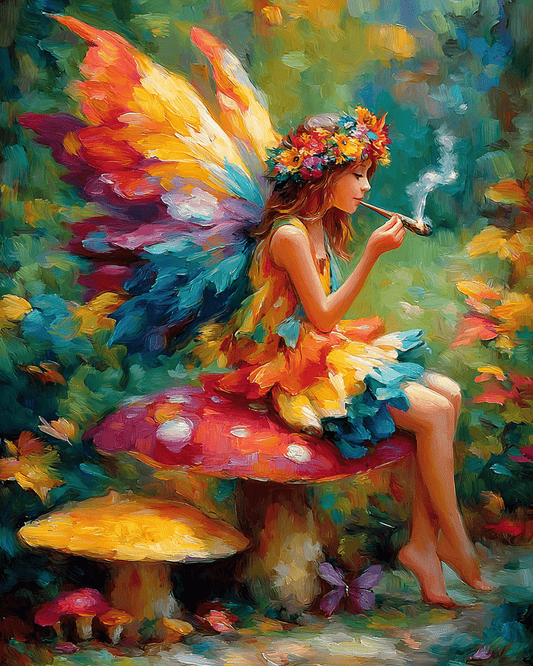 Fairy Hippie Sitting on an Amanita Mushroom Art Print - 8"x10" Artwork for 11"x14" Frame