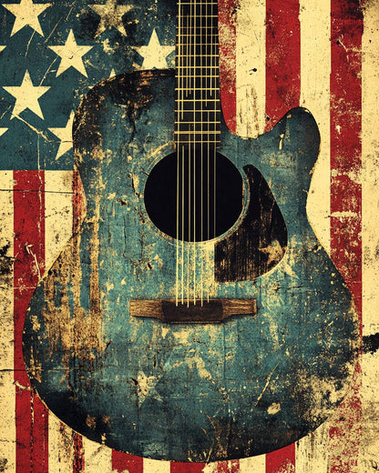 Folk Guitar - American USA Patriotic Wall Art Prints - 8"x10" Art Print for 11"x14" Frame