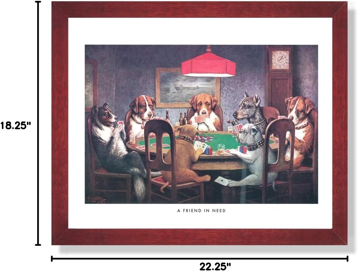 Dogs Playing Poker #1 A Friend in Need Man CAVE Art Print 16x20 Cherry Frame + Glass Fun Gift