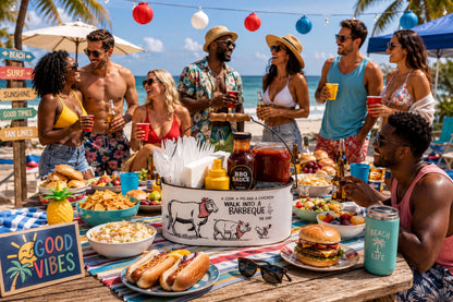 A group of people enjoying a beachside barbecue party, with various food items and drinks on the table.
