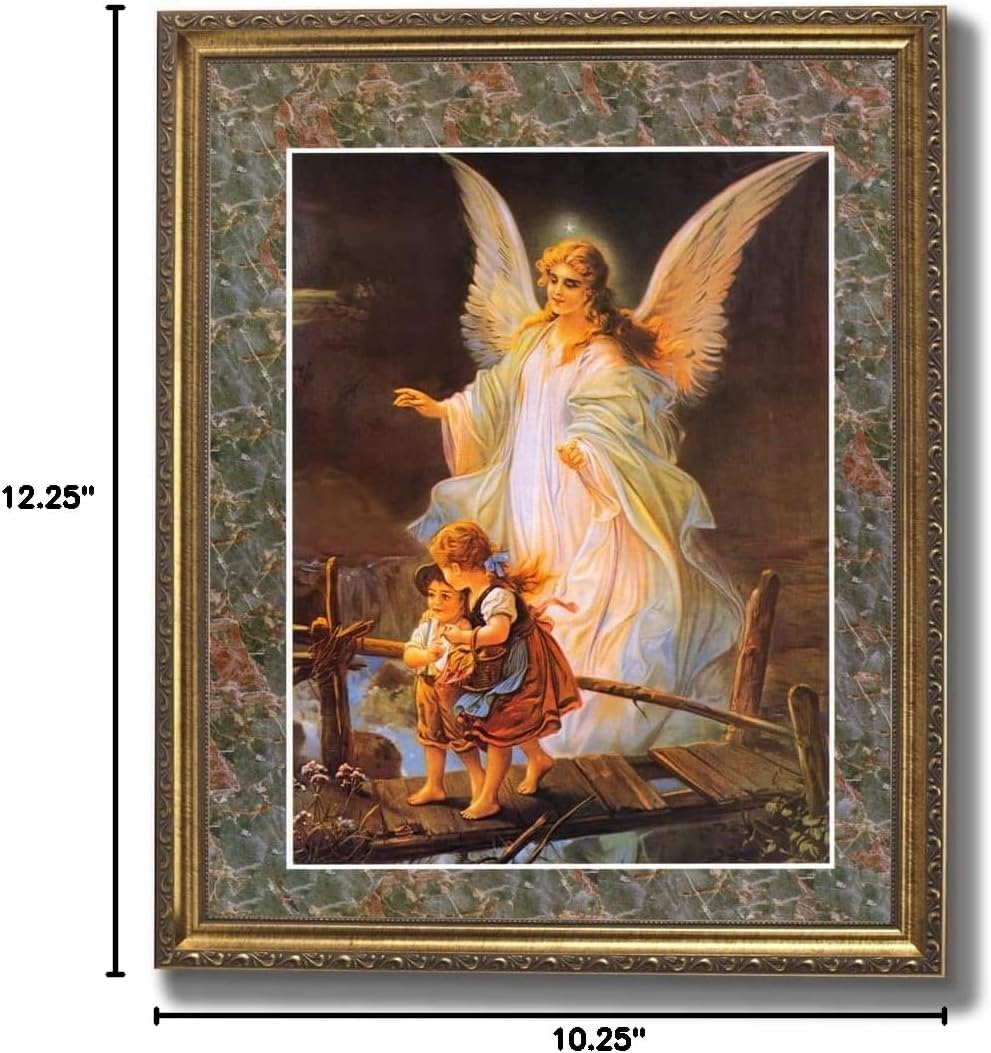 Guardian Angel Watching Over Children #2 Religious Art Print with Decorative Border 8x10" Gold Frame + Glass GREAT BAPTISM GIFT