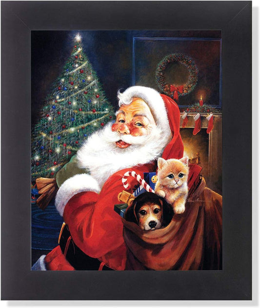 Framed 8x10 - Santa Claus with Toy Bag Dog and Cat Wall Picture