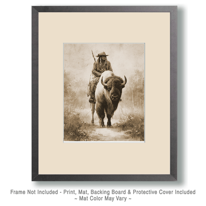 Lone Scout Riding a Buffalo American West Art Print - 8"x10" Artwork