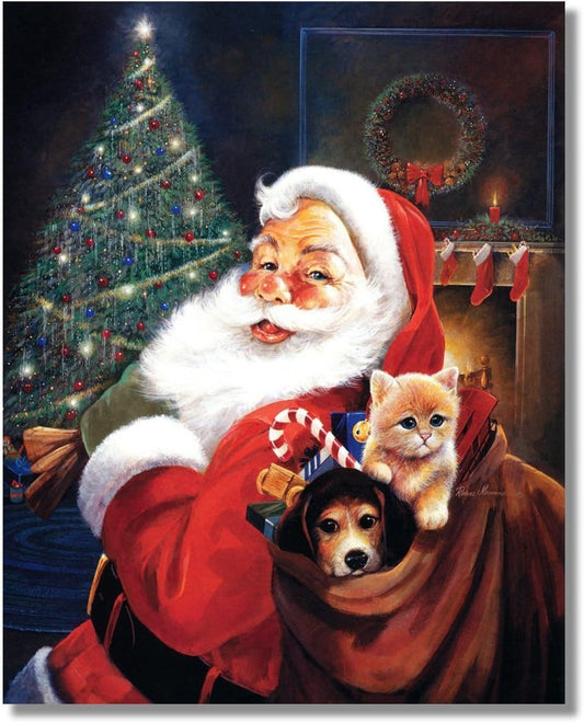 Unframed 8x10 - Santa Claus with Toy Bag Dog and Cat Wall Picture