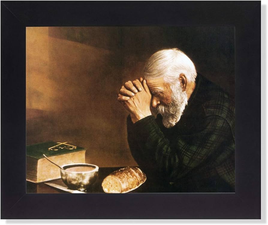 Daily Bread Man Praying at Dinner Table Religious Art Print 8x10 (with Frame Options)
